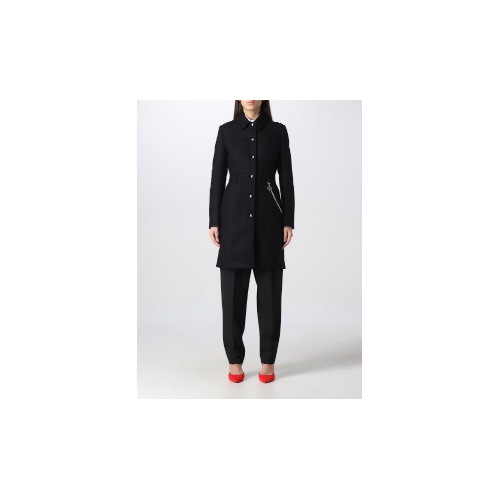 Elegant Black Wool Coat with Silver Chain Detail