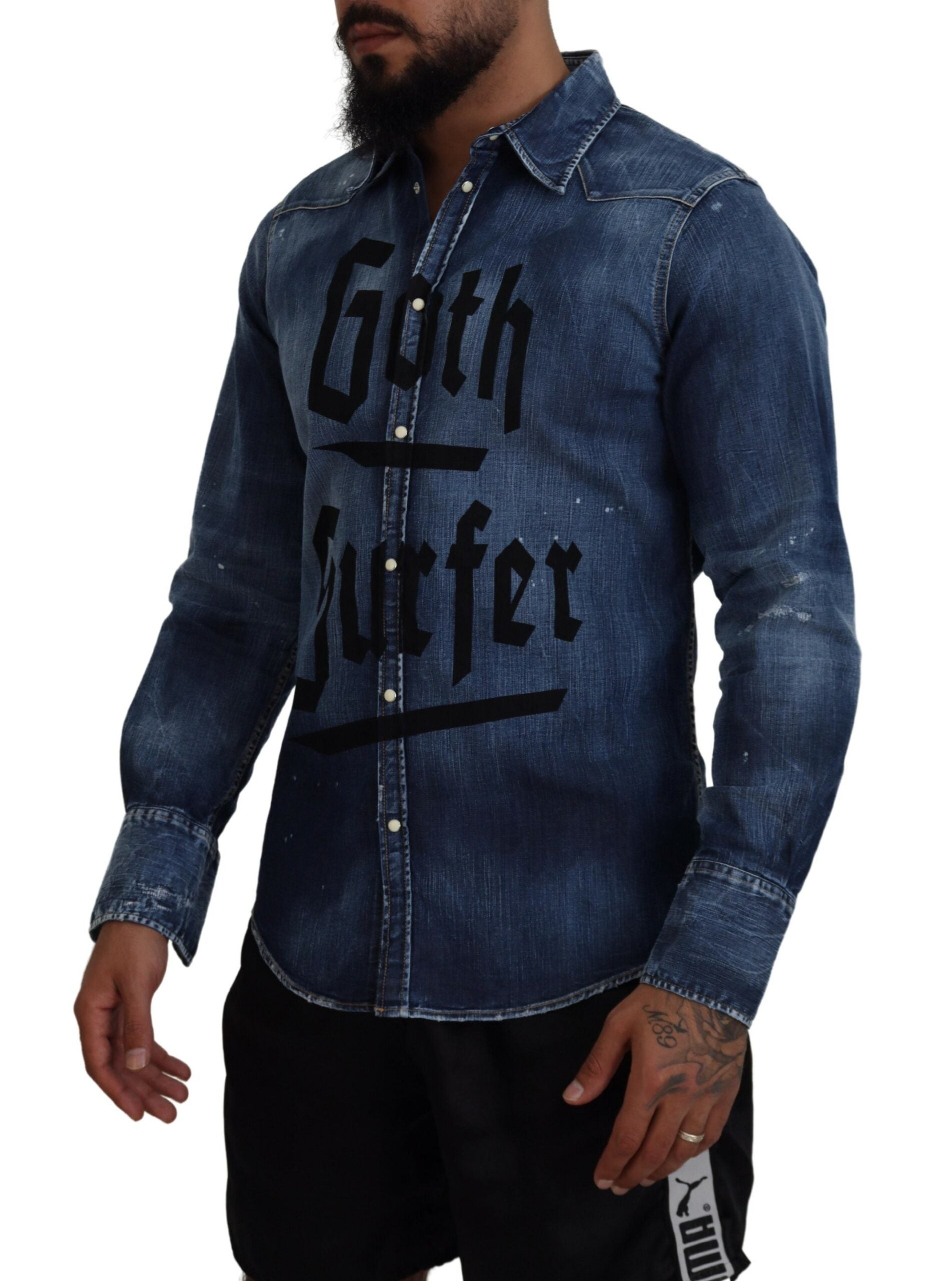 Blue Washed Goth Surfer Print Men Denim Shirt