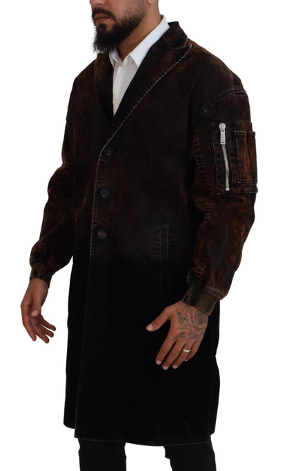 Brown Full Button Men Long Coat Cotton Jacket