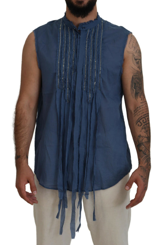 Blue Cotton Chain Embellishment Sleeveless Shirt