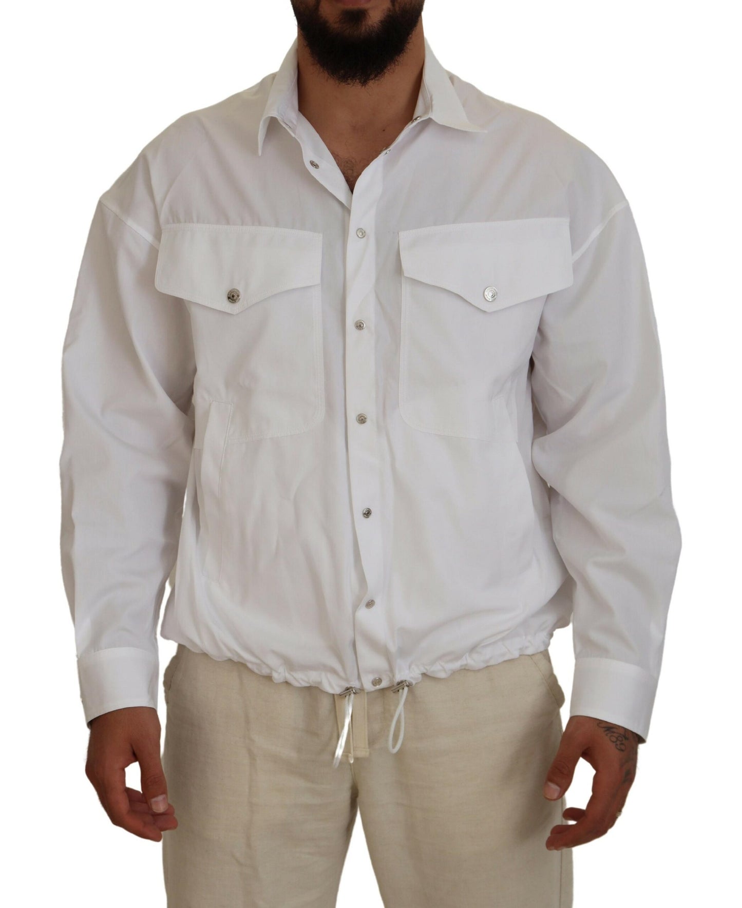 White Cotton Collared Casual Men Long Sleeves Jacket