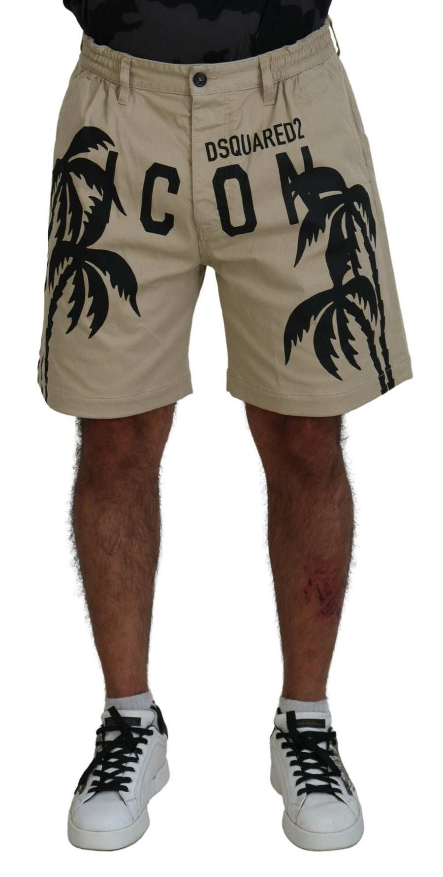 Beige Cotton Logo Printed Above Knee Shorts