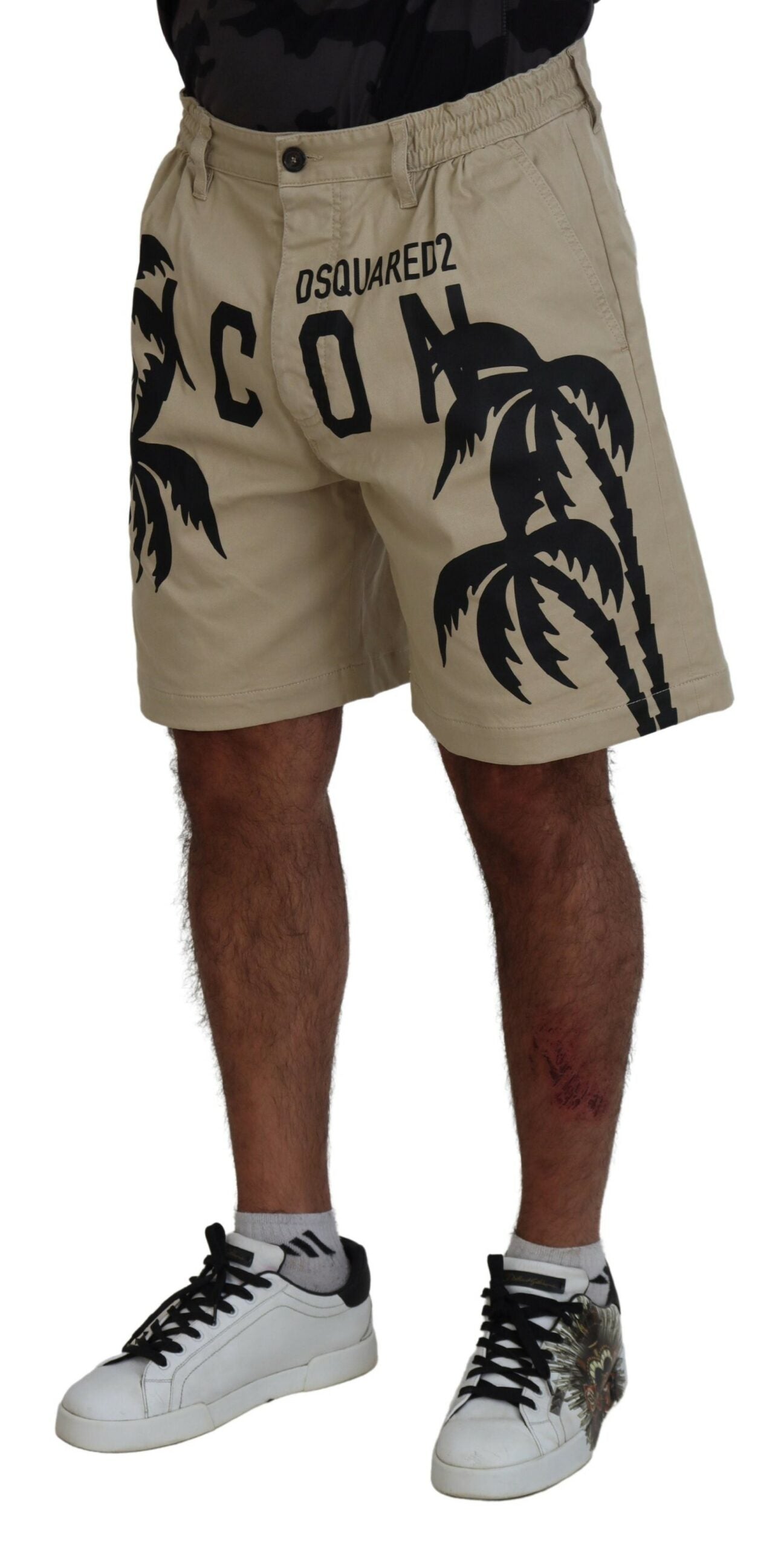 Beige Cotton Logo Printed Above Knee Shorts