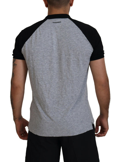 Gray Black Cotton Short Sleeves Collared T-shirt