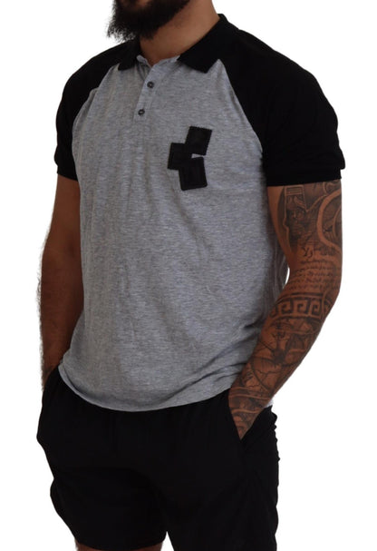 Gray Black Cotton Short Sleeves Collared T-shirt