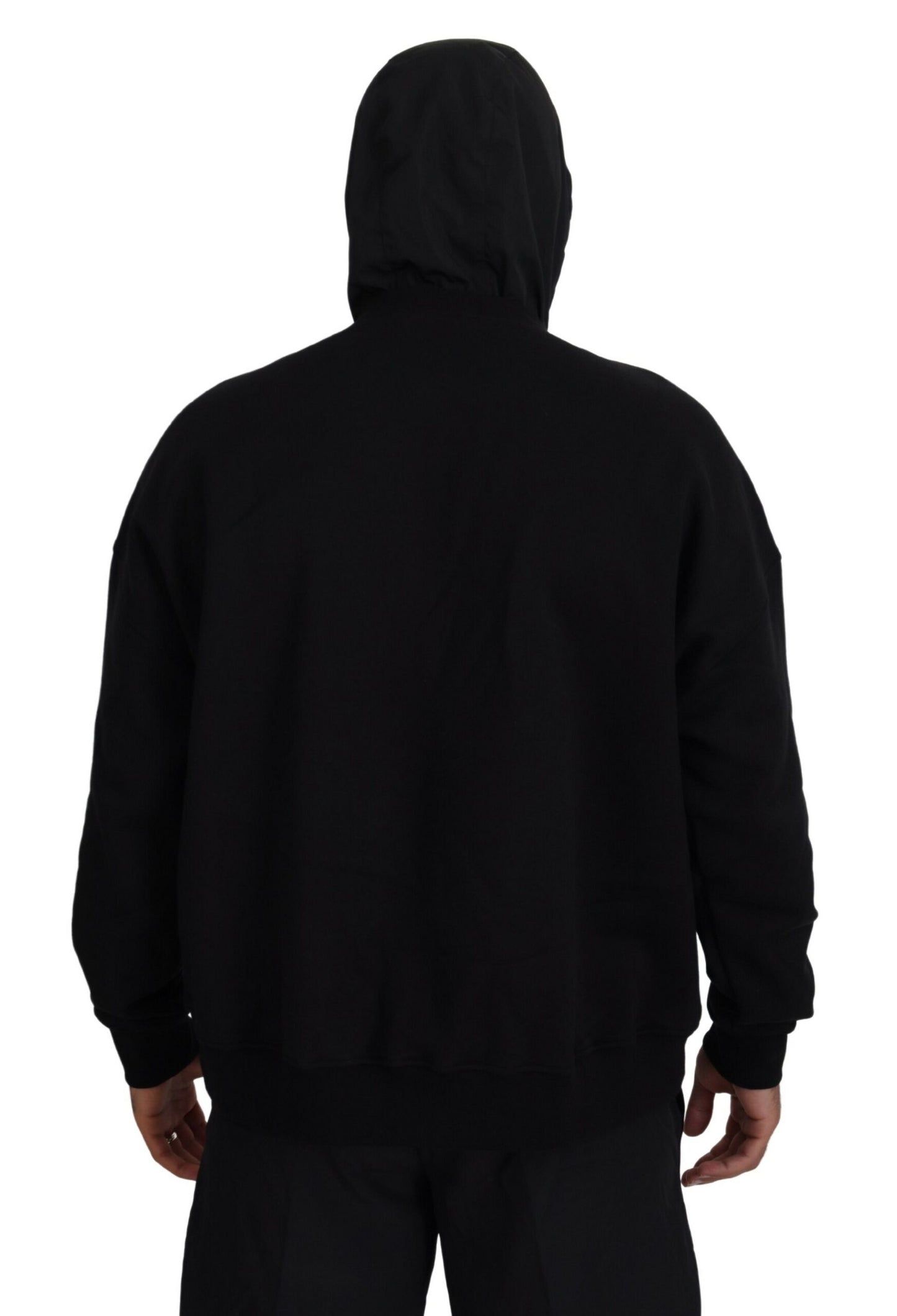 Black Cotton Hooded Printed Pullover Sweater