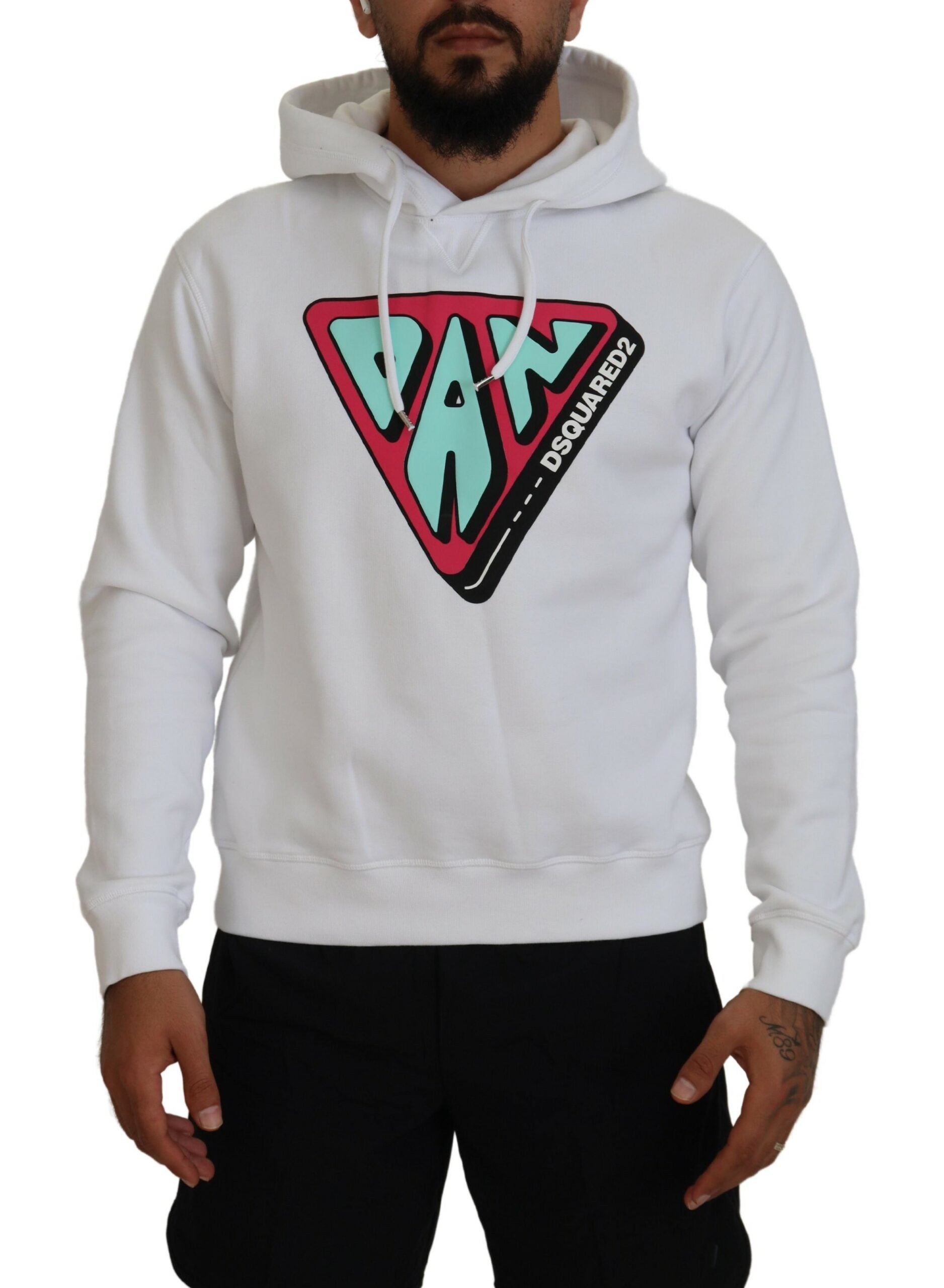 White Cotton Hooded Printed Pullover Sweater