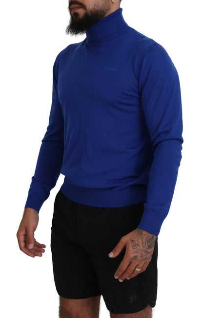 Blue Logo Print Long Sleeves Turtle Neck Sweater