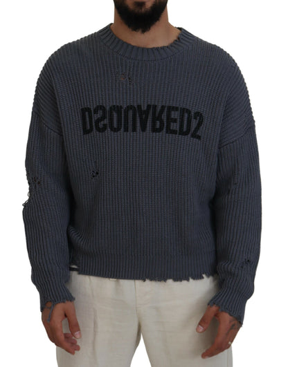 Gray Men Tattered Knitted Pullover Sweater