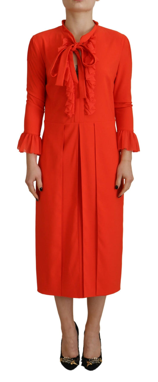 Red Polyester Long Sleeves Pleated Midi Dress