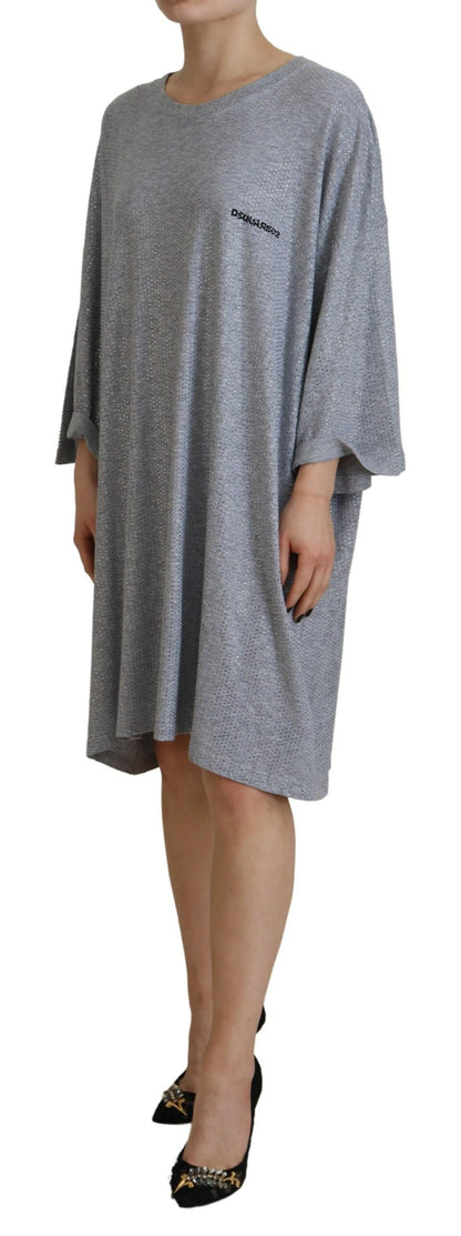 Gray Crystal Embellished Cotton Long Sleeves Dress