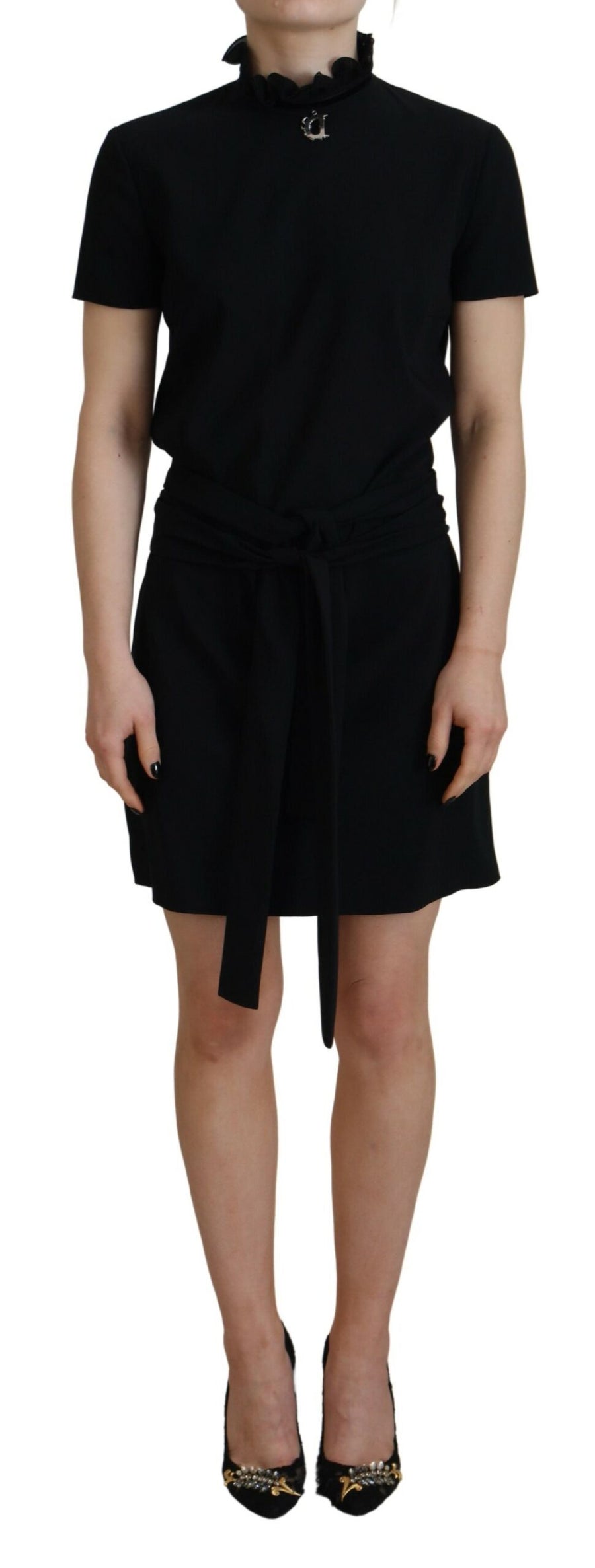 Black Polyester Short Sleeves Sheath Mini Dress