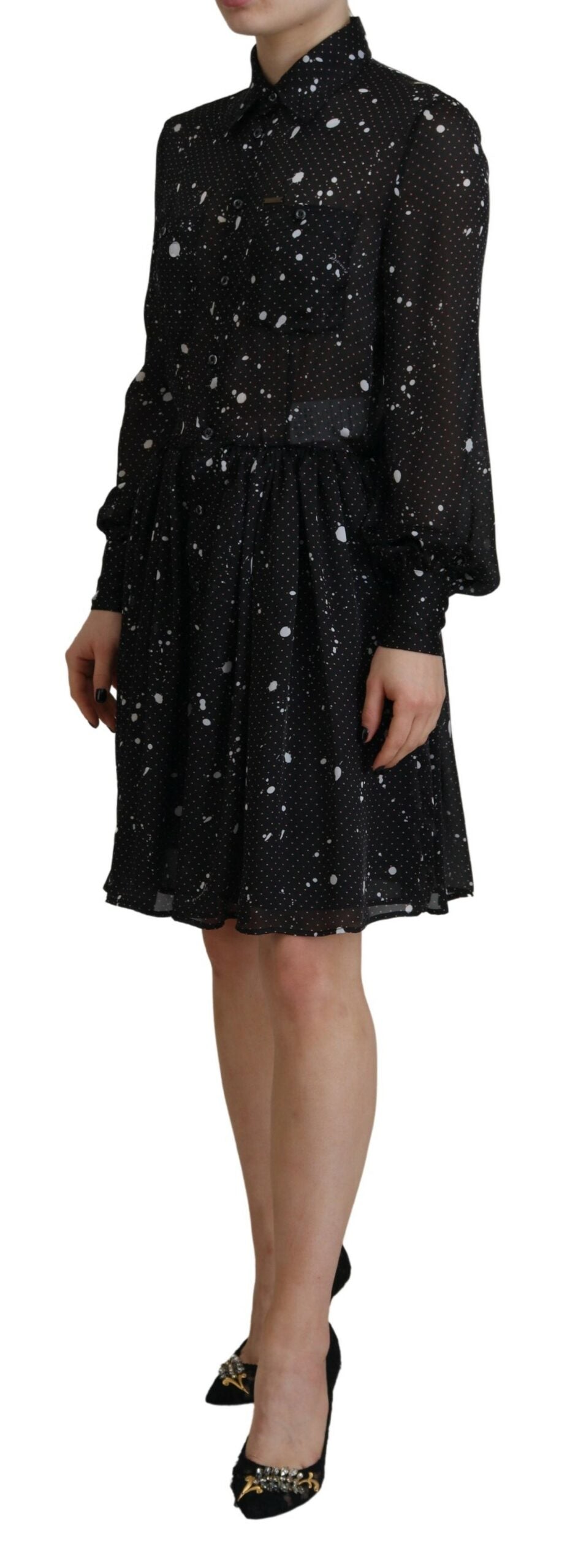 Black Polka Dot Long Sleeves Button Down Dress