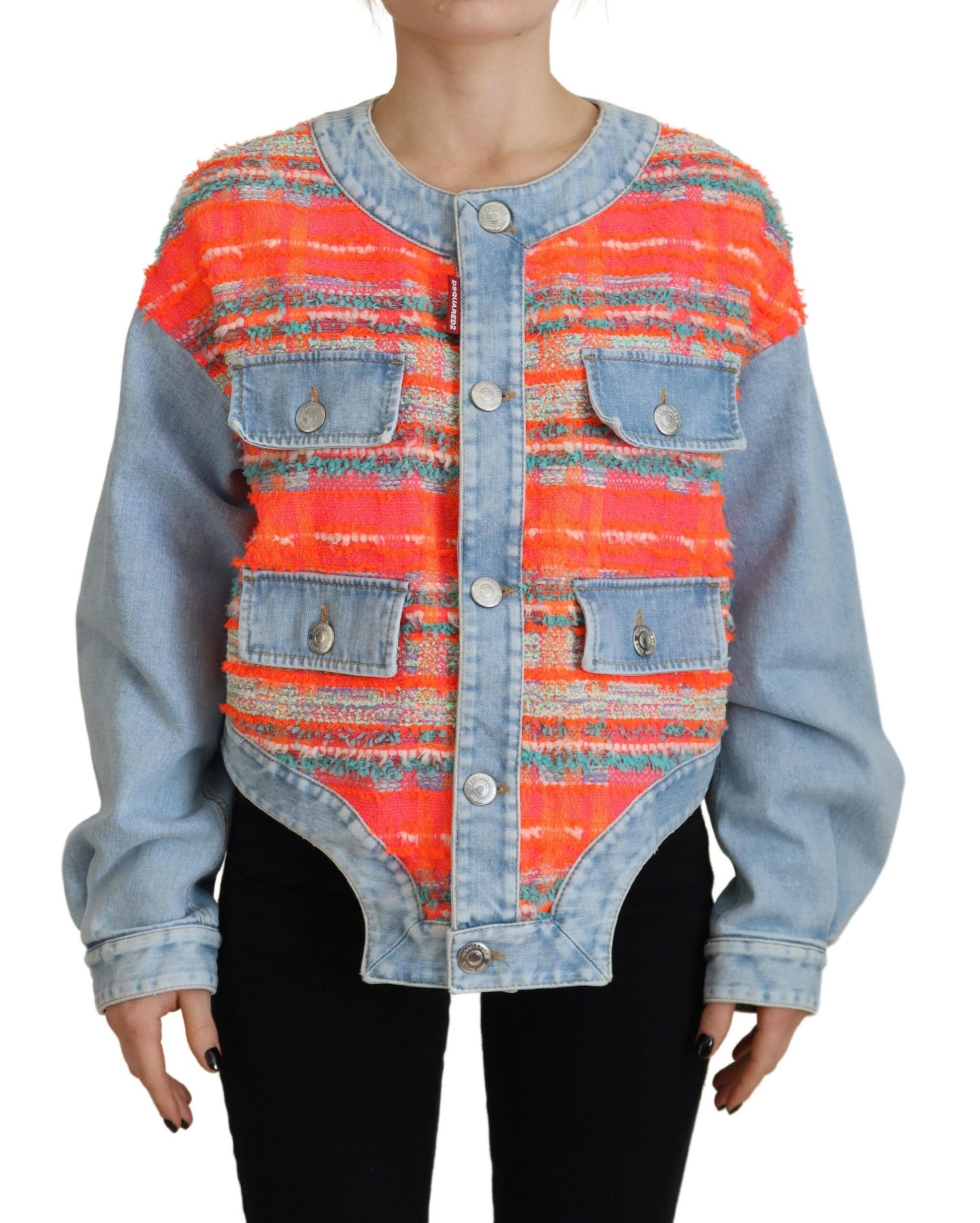 Orange Blue Panelled Button Front Denim Jacket