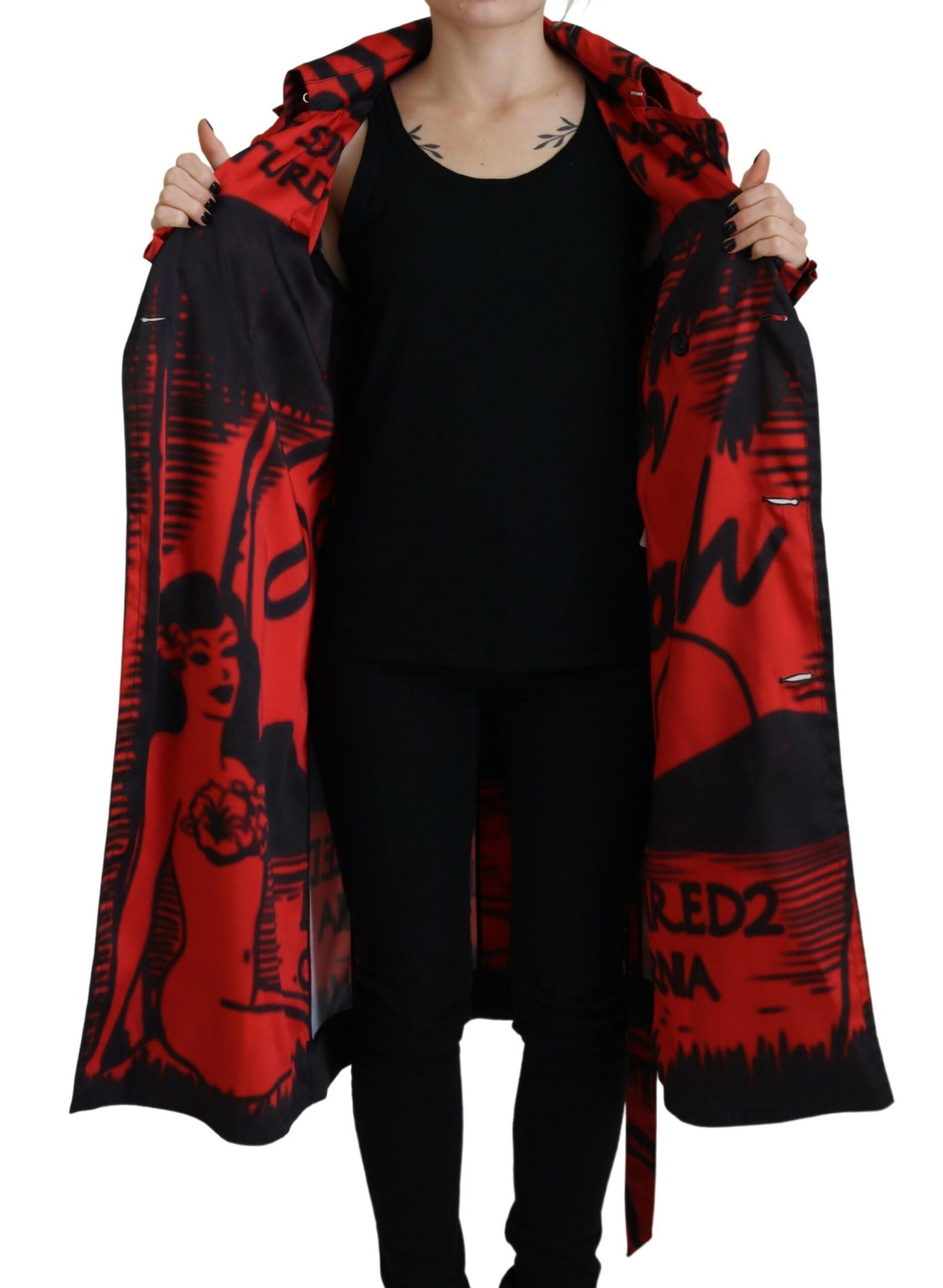 Red Printed Button Collared Desigual Coat Jacket