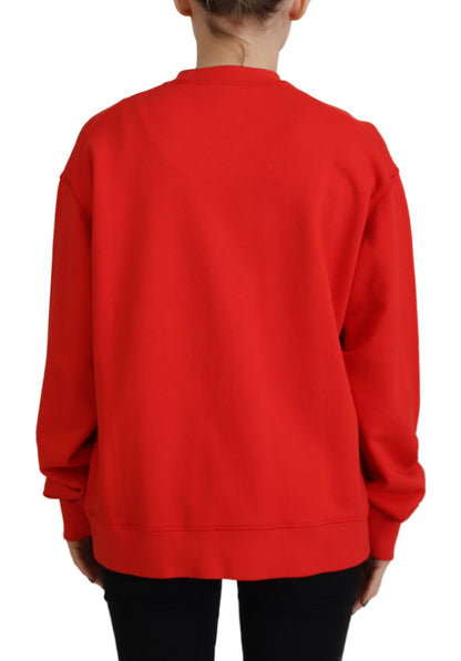 Red Cotton Printed Crew Neck Long Sleeve Sweater