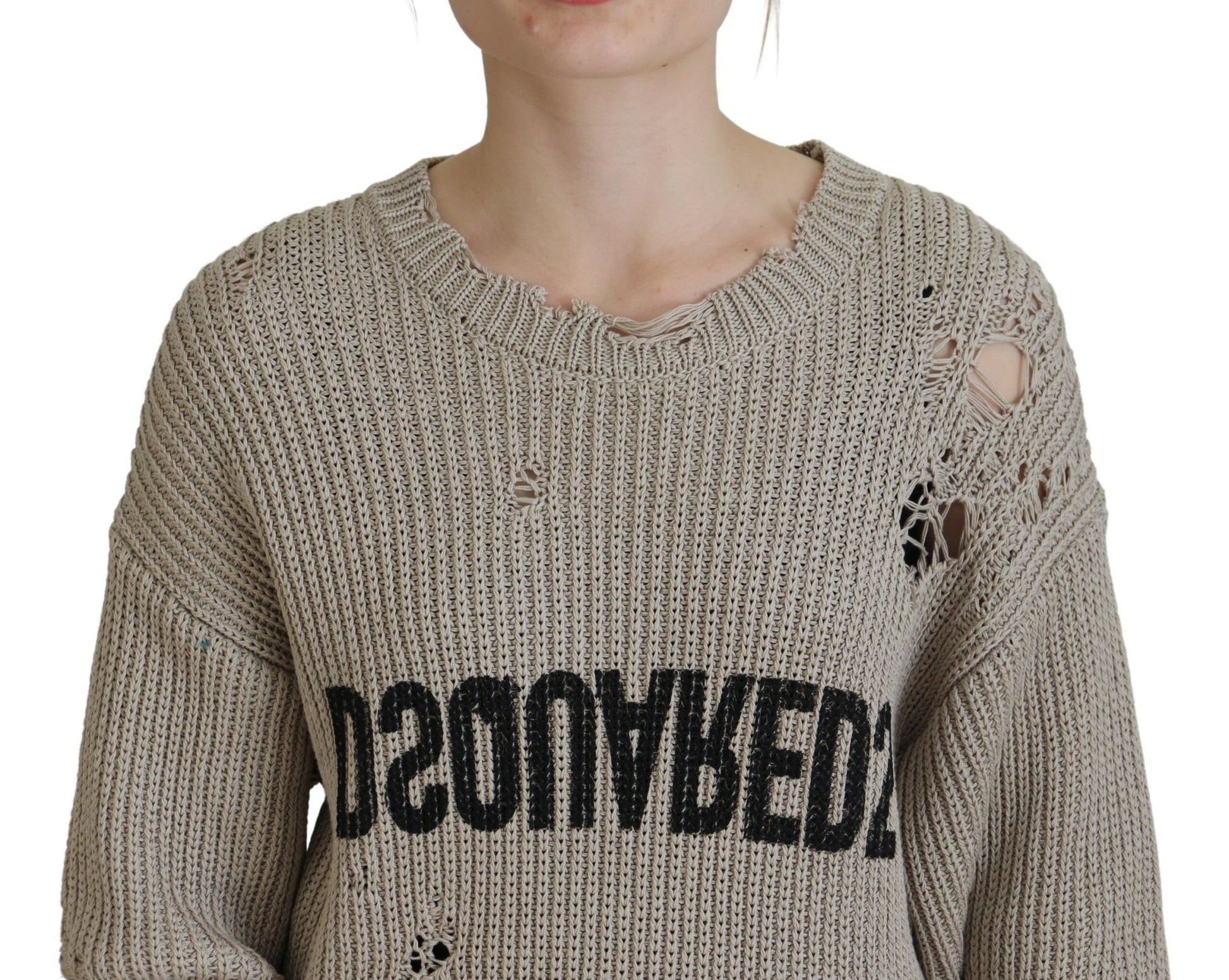 Beige Cotton Knitted Crewneck Pullover Sweater