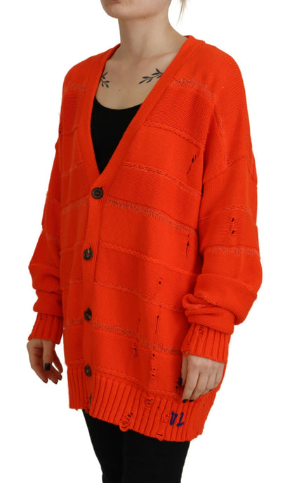 Orange Cotton Knitted Buttoned Cardigan Sweater