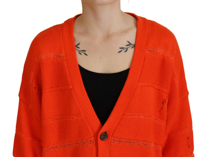 Orange Cotton Knitted Buttoned Cardigan Sweater