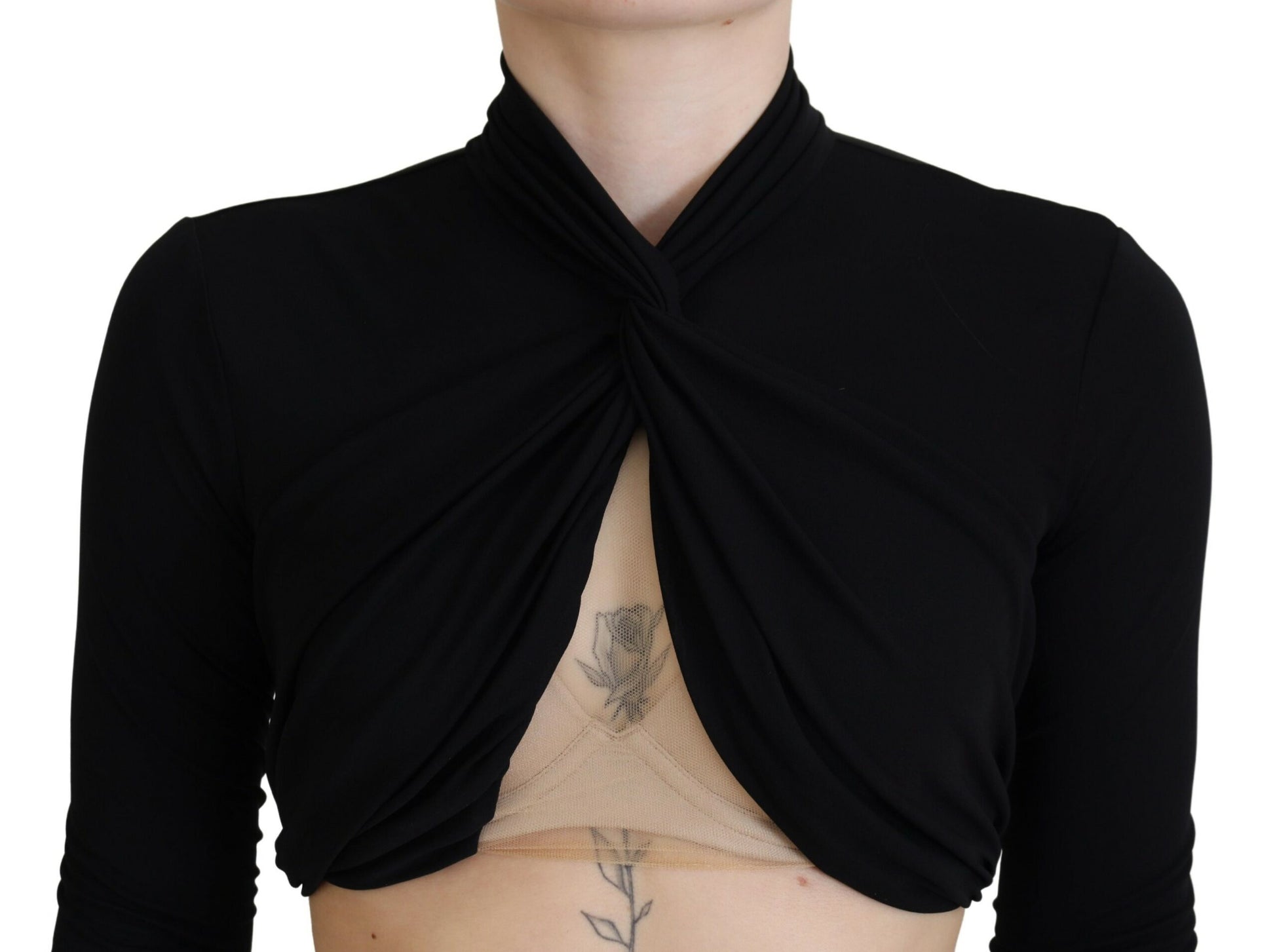 Black Cut Out Viscose Cropped Long Sleeves Top