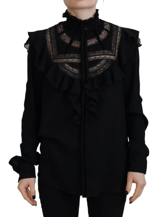 Black Lace Trim Turtle Neck Long Sleeves Top