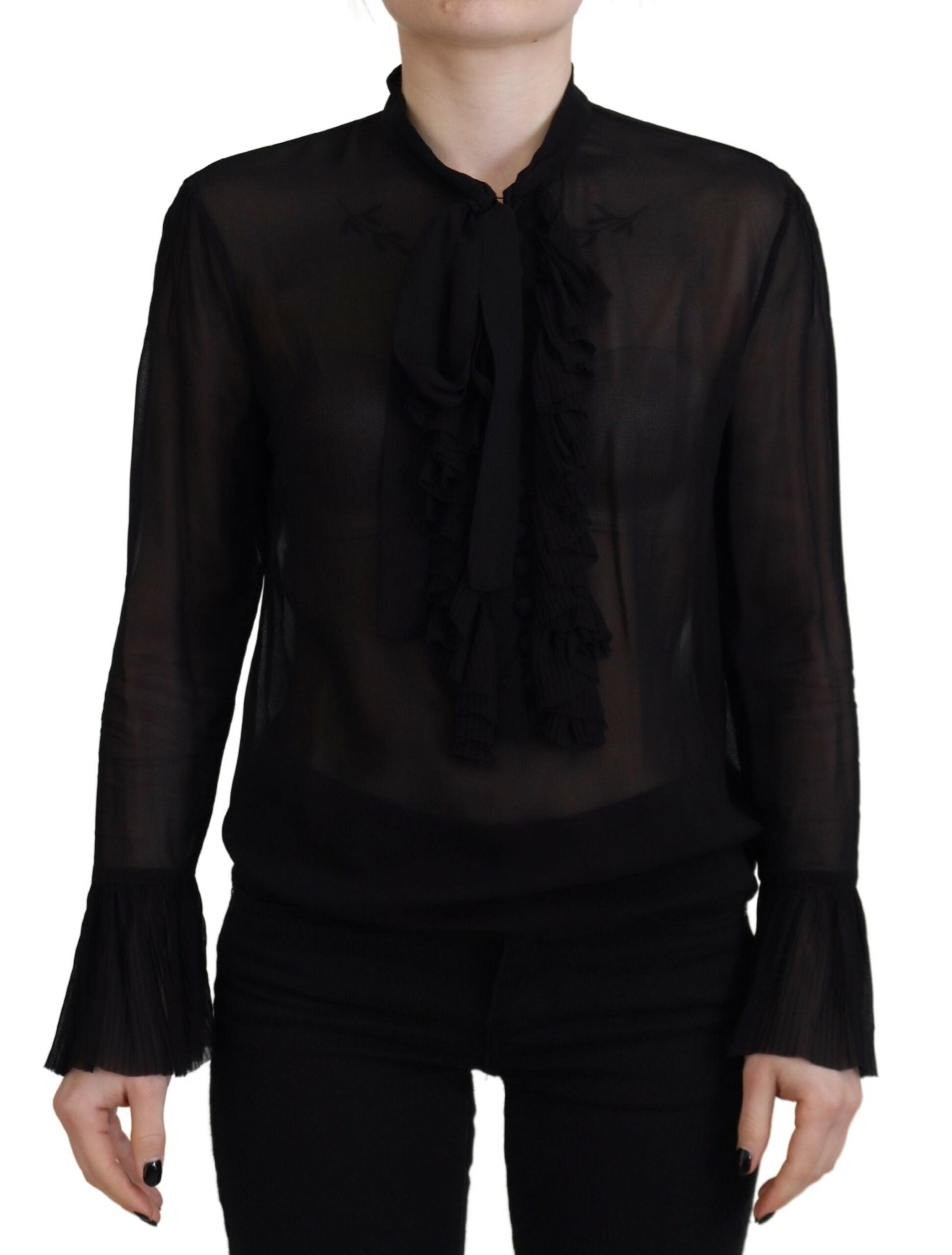 Black Viscose Long Sleeves See Through Blouse Top