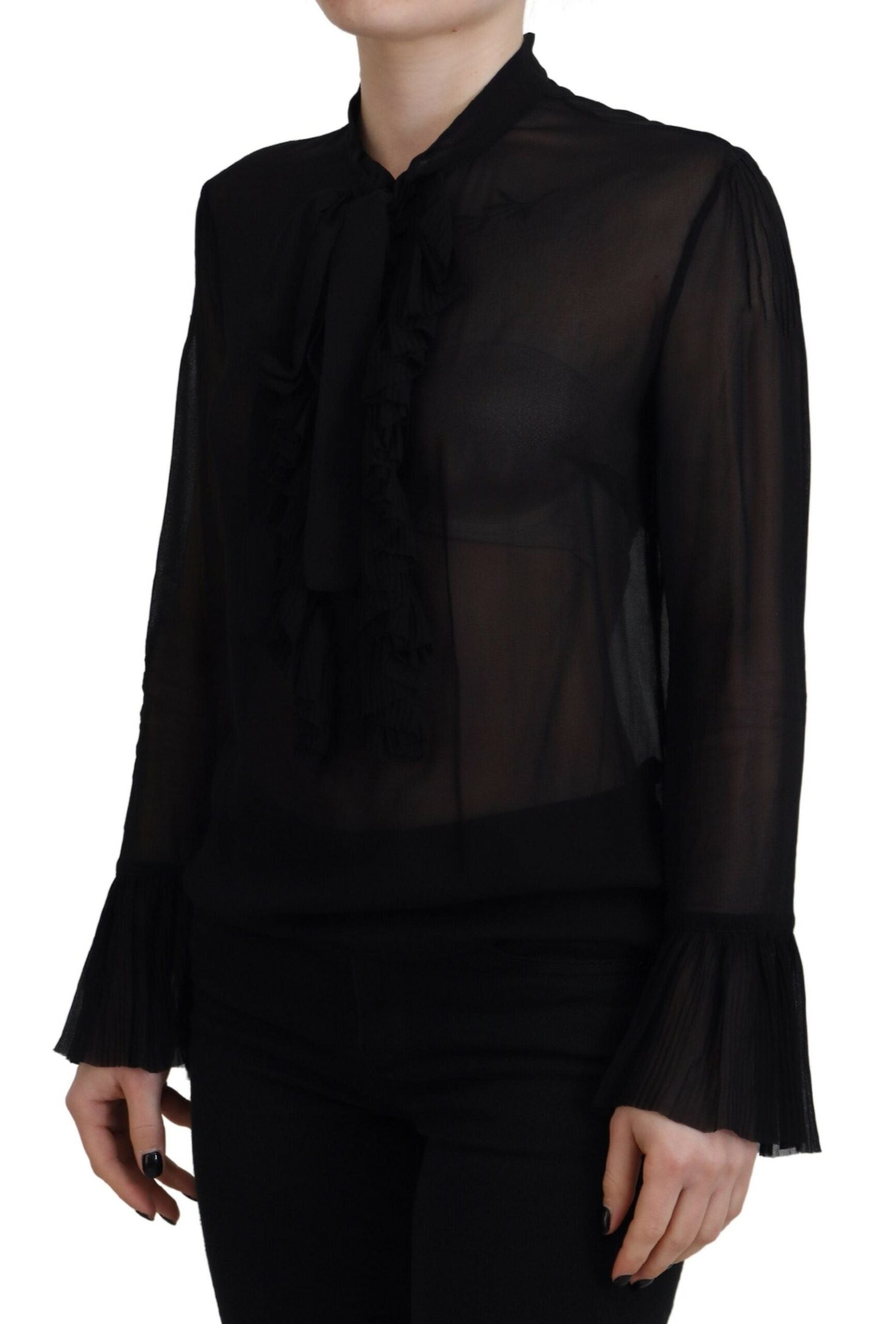 Black Viscose Long Sleeves See Through Blouse Top