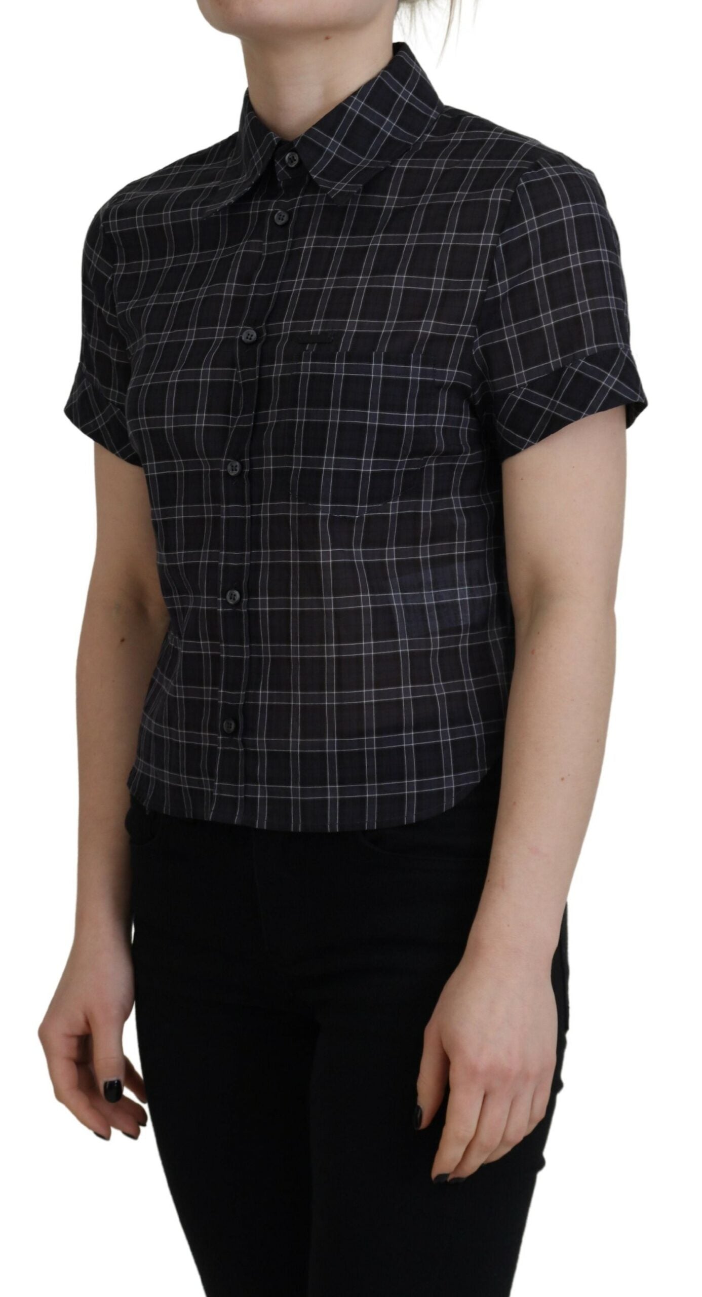 Black Checkered Collared Button Short Sleeves Top