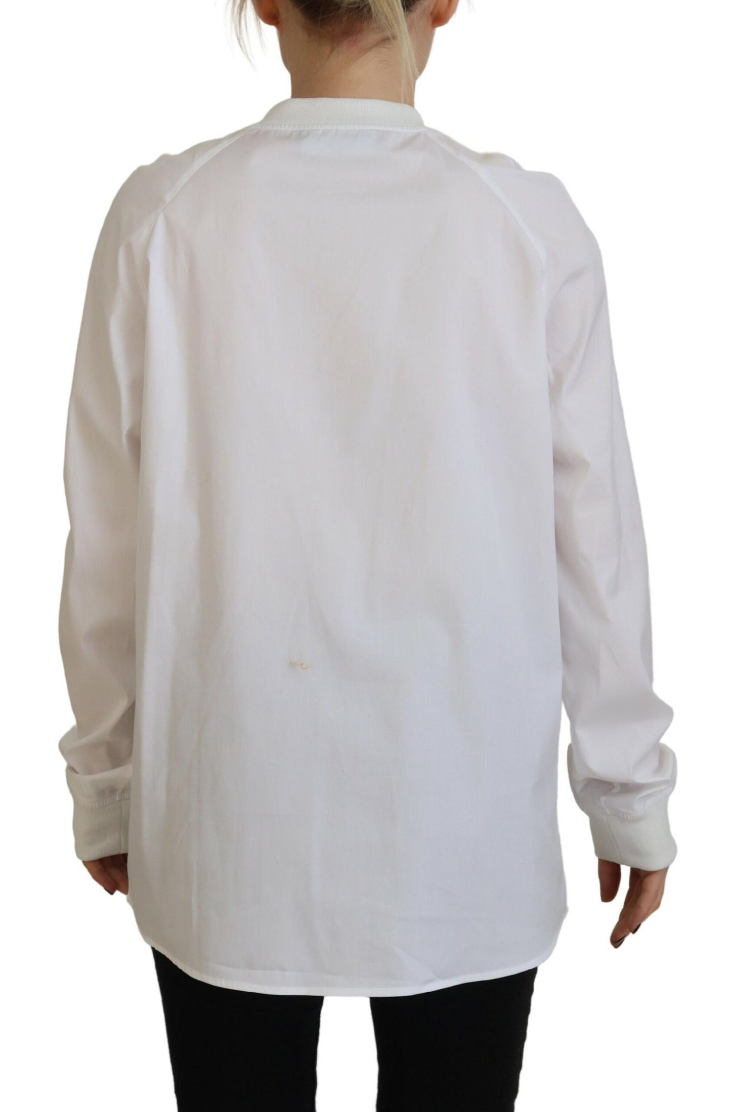 White Cotton Button Down Long Sleeves Crewneck Top