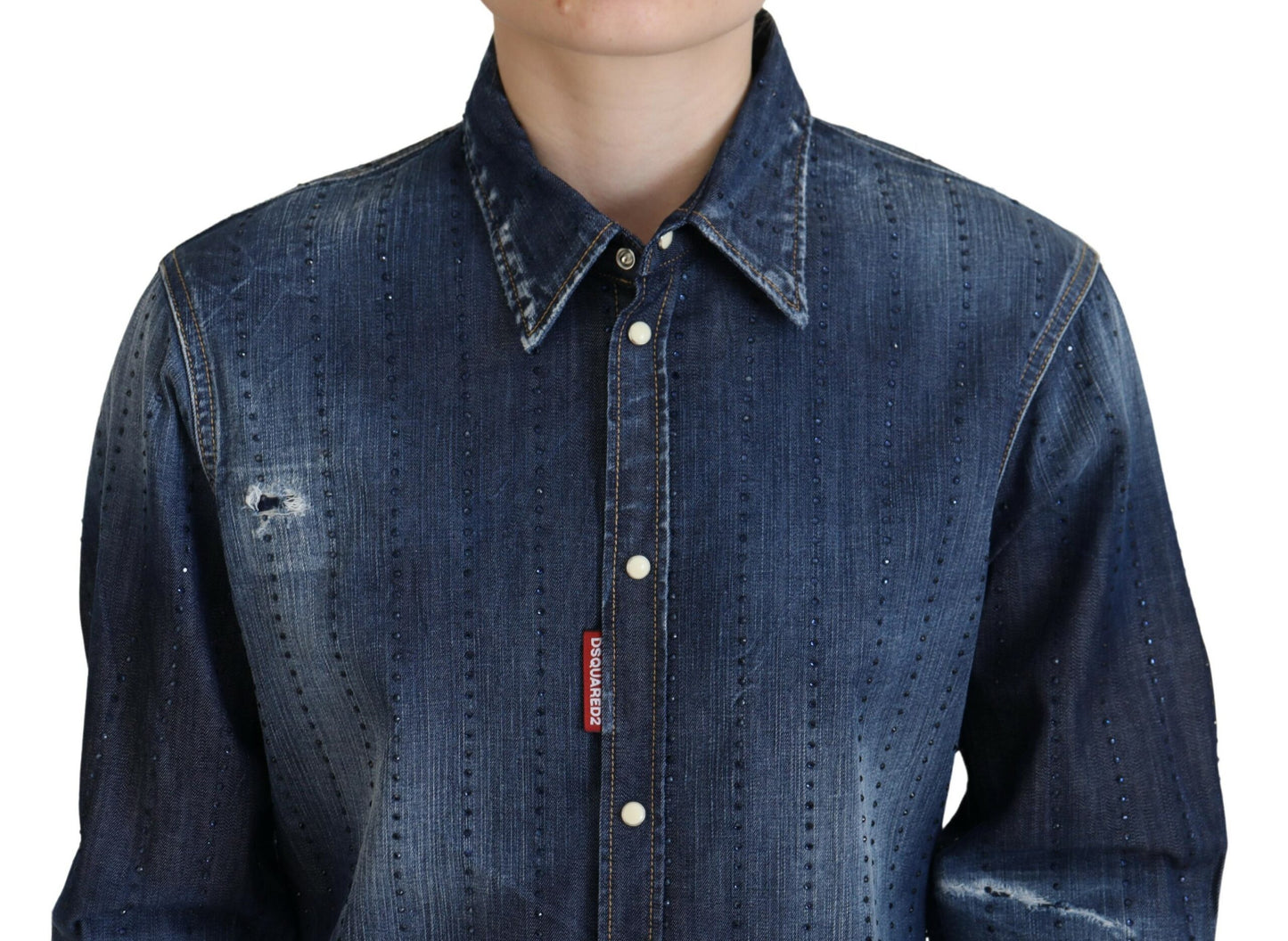 Blue Washed Cotton Button Down Collared Denim Top