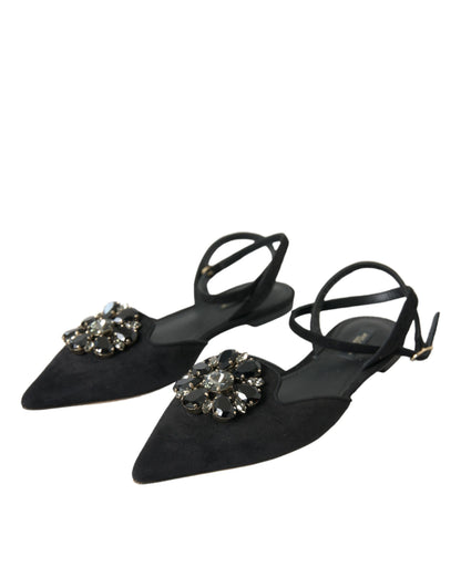 Black Leather Crystal Slingback Sandals Shoes