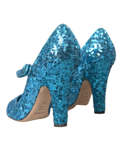 Blue Sequin Mary Jane Pumps High Heels Shoes