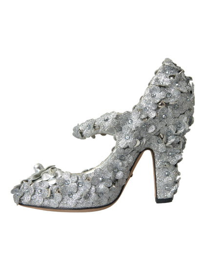 Silver Floral Crystal Mary Jane Pumps Shoes