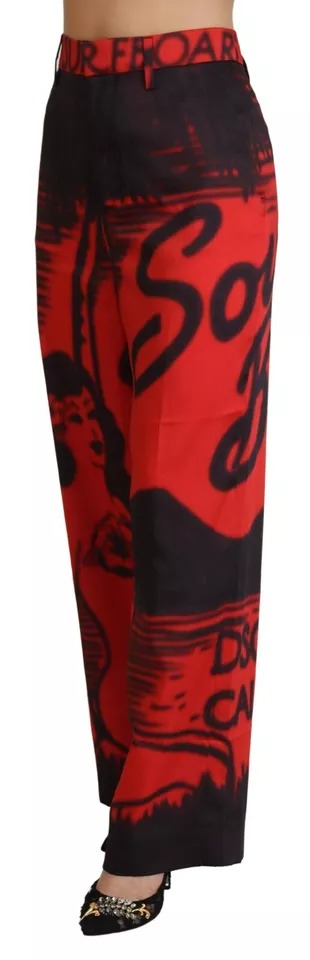 Red Printed High Waist Straight Pants