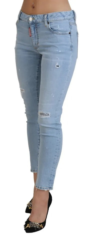 Blue Tattered Mid Waist Cropped Twiggy Denim Jeans