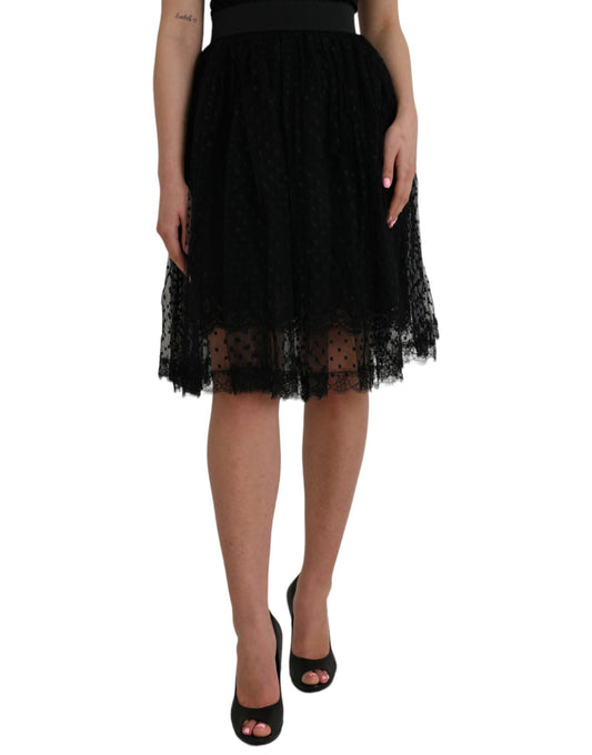 Black Nylon Lace Trim High Waist A-line Skirt