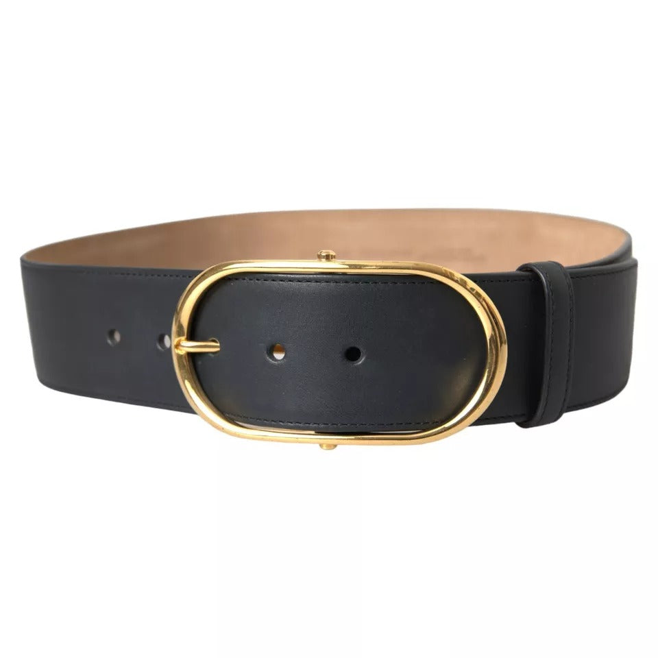 Black Leather Gold Oval Metal Buckle Belt