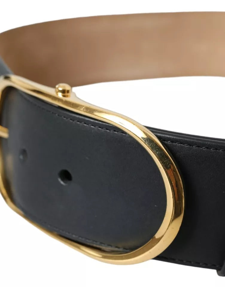 Black Leather Gold Oval Metal Buckle Belt