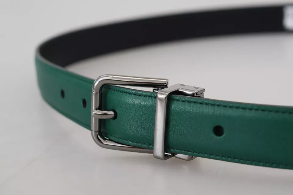 Green Calf Leather Silver Tone Metal Buckle Belt