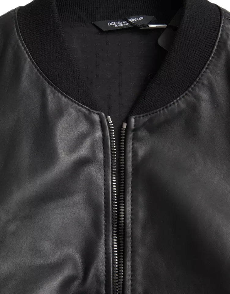 Black Bomber Leather Full Zip Biker Blouson Jacket