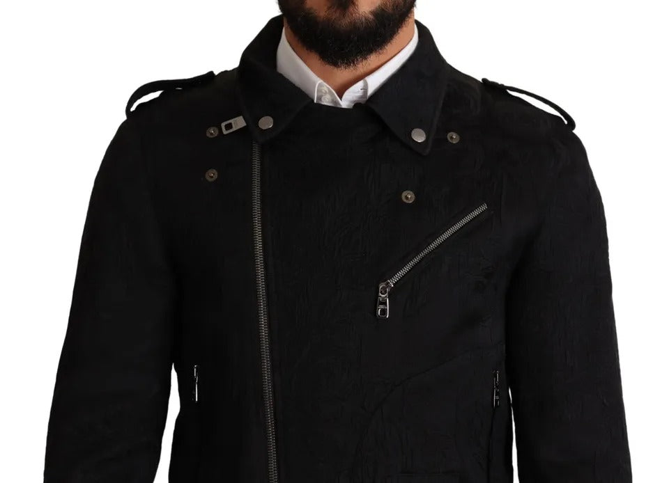 Black Brocade Full Zip Biker Coat Jacket