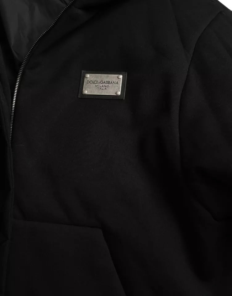 Black Cotton Hooded Logo Bomber Jacket