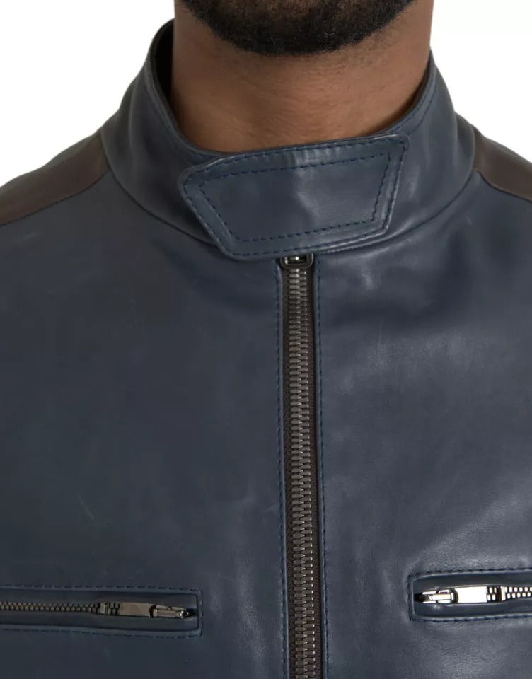 Blue Leather Full Zip Biker Blouson Jacket