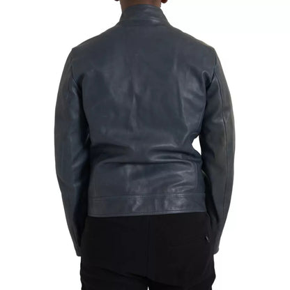 Blue Leather Full Zip Biker Blouson Jacket