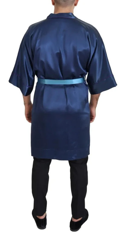 Blue Satin Silk Waist Belt Robe Jacket