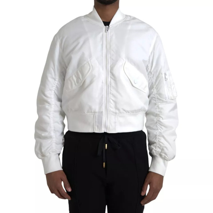 White Bomber Long Sleeves Full Zip Jacket