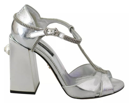 Silver Crystals T-strap Sandals Leather Shoes