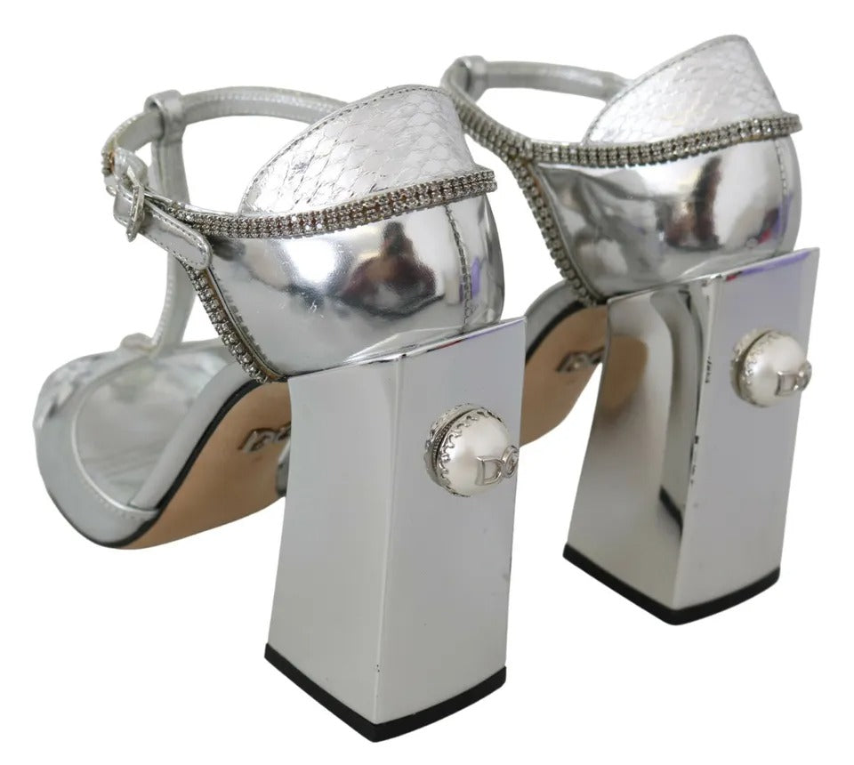 Silver Crystals T-strap Sandals Leather Shoes