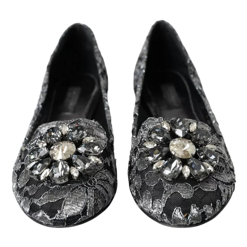 Gray Black Lace Crystal Ballet Loafers Shoes