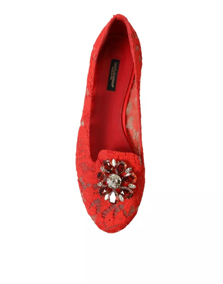 Red Lace Crystal Ballet Loafers Shoes